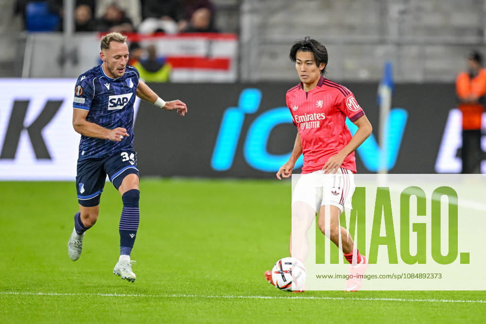 Vladimir Coufal (TSG 1899 Hoffenheim) and Keito Nakamura (Olympique Lyon) battle for the ball during the UEFA Europa League 2026 27 League Phase match between TSG 1899 Hoffenheim and Olympique Lyonnais at Rhein-Neckar-Arena on October 22, 2026 in Sinsheim, Germany. (Photo by Harry Langer DeFodi Images) -