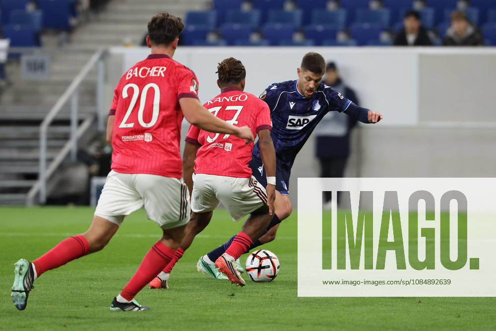 Sinsheim, Germany - Octobre 22: Felix Bacher (Olympique Lyon), Steeve Kango (Olympique Lyonnais), Andrej Kramaric (TSG 1899 Hoffenheim) in action, with the ball during the UEFA Europa League phase Matchday 3 2026 27 match between TSG Hoffenheim and Olympique Lyon at Rhein Neckar Arena on Octobre, 2026 in Sinsheim, Germany
