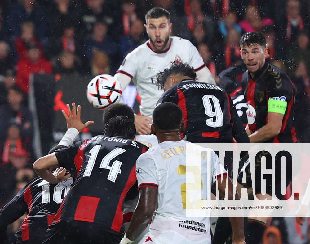 Bournemouth, England, 22nd October 2026. Evanilson of Bournemouth heads towards goal and strikes an upright hand of an AC Milan player to concede a penalty during the AFC Bournemouth vs AC Milan UEFA Europa League match at the Vitality Stadium, Bournemouth. Picture credit should read: Paul Terry Sportimage . SPI_021_PT_Bournmouthmouth_AC_Milan SPI-5092-0021