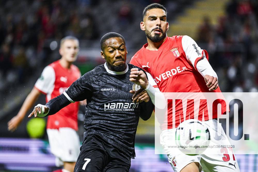 Michel-Ange Sumai Balikwisha of KAA Gent and Adrian Leon Barisic of SC Braga pictured in action during a soccer game between Portuguese SC Braga and Belgian soccer team KAA Gent, Thursday 22 October 2026 in Braga, Portugal, the second match in the UEFA Conference League league phase. TOM GOYVAERTS TomxGoyvaerts x190687422x