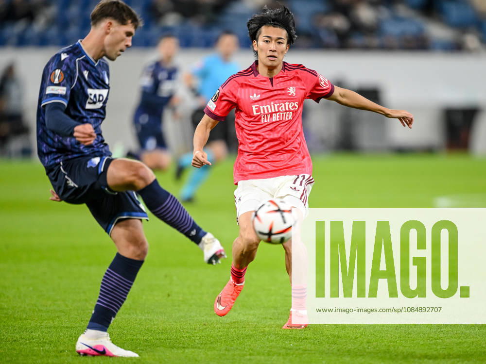 Robin Hranac (TSG 1899 Hoffenheim) and Keito Nakamura (Olympique Lyon) battle for the ball during the UEFA Europa League 2026 27 League Phase match between TSG 1899 Hoffenheim and Olympique Lyonnais at Rhein-Neckar-Arena on October 22, 2026 in Sinsheim, Germany. (Photo by Harry Langer DeFodi Images) -