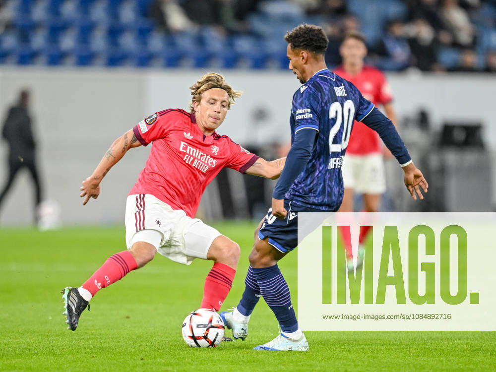 Mads Bidstrup (Olympique Lyon) and Bambase Conte (TSG 1899 Hoffenheim) battle for the ball during the UEFA Europa League 2026 27 League Phase match between TSG 1899 Hoffenheim and Olympique Lyonnais at Rhein-Neckar-Arena on October 22, 2026 in Sinsheim, Germany. (Photo by Harry Langer DeFodi Images) -