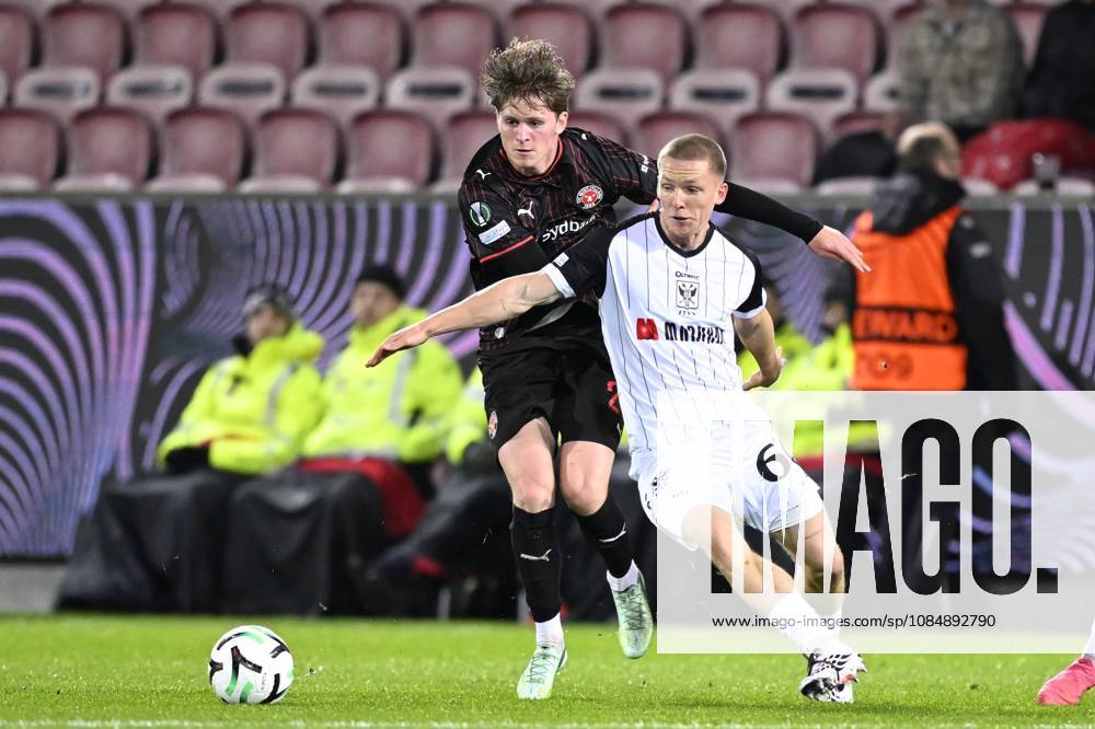 FC Midtjylland v Sint-Truidense VV - UEFA Conference League HERNING, DENMARK - OCTOBER 22 : Johannesen Sofus midfielder of Midtjylland and Vanwesemael Robert-Jan defender of Sint-Truidense VV during the UEFA Conference League 2026 27 League Phase matchday 2 match between FC Midtjylland and Sint-Truidense VV on October 22, 2026 in Herning, Denmark, 22 10 2026 Herning Denmark