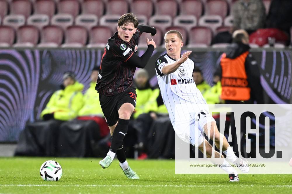 FC Midtjylland v Sint-Truidense VV - UEFA Conference League HERNING, DENMARK - OCTOBER 22 : Johannesen Sofus midfielder of Midtjylland and Vanwesemael Robert-Jan defender of Sint-Truidense VV during the UEFA Conference League 2026 27 League Phase matchday 2 match between FC Midtjylland and Sint-Truidense VV on October 22, 2026 in Herning, Denmark, 22 10 2026 Herning Denmark