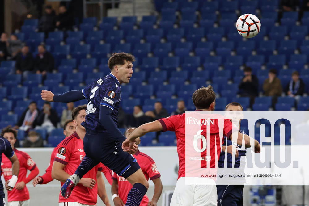 Sinsheim, Germany - Octobre 22: Robin Hranac (TSG 1899 Hoffenheim) in action, with the ball Tanner Tessmann (Olympique Lyon) during the UEFA Europa League phase Matchday 3 2026 27 match between TSG Hoffenheim and Olympique Lyon at Rhein Neckar Arena on Octobre, 2026 in Sinsheim, Germany