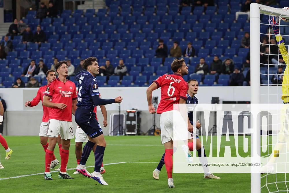 Sinsheim, Germany - Octobre 22: Robin Hranac (TSG 1899 Hoffenheim) in action, with the ball goalkeeper Dominik Greif (Olympique Lyon) during the UEFA Europa League phase Matchday 3 2026 27 match between TSG Hoffenheim and Olympique Lyon at Rhein Neckar Arena on Octobre, 2026 in Sinsheim, Germany
