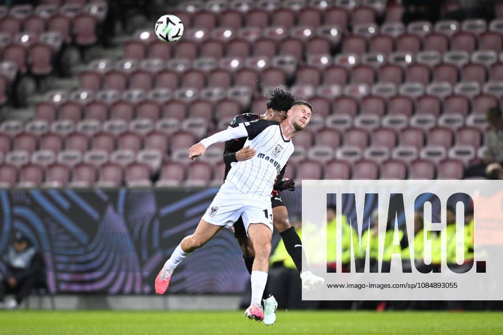 FC Midtjylland v Sint-Truidense VV - UEFA Conference League HERNING, DENMARK - OCTOBER 22 : Bravo Pedro midfielder of Midtjylland and Merlen Ryan midfielder of Sint-Truidense VV during the UEFA Conference League 2026 27 League Phase matchday 2 match between FC Midtjylland and Sint-Truidense VV on October 22, 2026 in Herning, Denmark, 22 10 2026 Herning Denmark