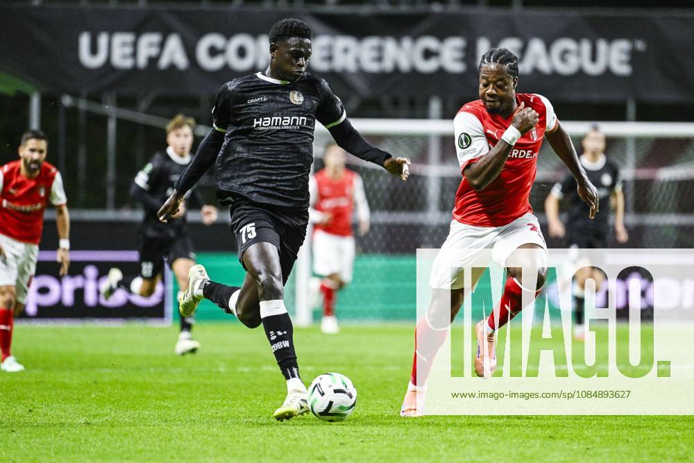 Ibrahimа Cisse of KAA Gent and Bright Arrey-Mbi of SC Braga pictured in action during a soccer game between Portuguese SC Braga and Belgian soccer team KAA Gent, Thursday 22 October 2026 in Braga, Portugal, the second match in the UEFA Conference League league phase. TOM GOYVAERTS TomxGoyvaerts x190690086x