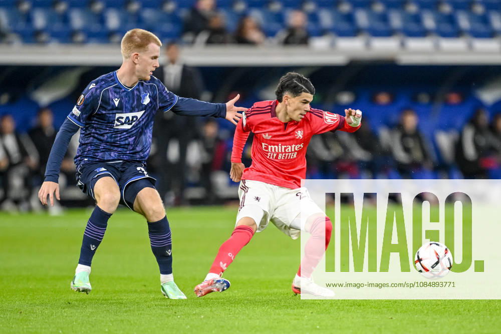 Mats Rots (TSG 1899 Hoffenheim) and Kail Boudache (Olympique Lyon) battle for the ball during the UEFA Europa League 2026 27 League Phase match between TSG 1899 Hoffenheim and Olympique Lyonnais at Rhein-Neckar-Arena on October 22, 2026 in Sinsheim, Germany. (Photo by Harry Langer DeFodi Images) -