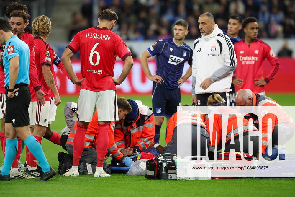Sinsheim, Germany - Octobre 22: Steeve Kango (Olympique Lyonnais) being treated for an injury on the ground during the UEFA Europa League phase Matchday 3 2026 27 match between TSG Hoffenheim and Olympique Lyon at Rhein Neckar Arena on Octobre, 2026 in Sinsheim, Germany