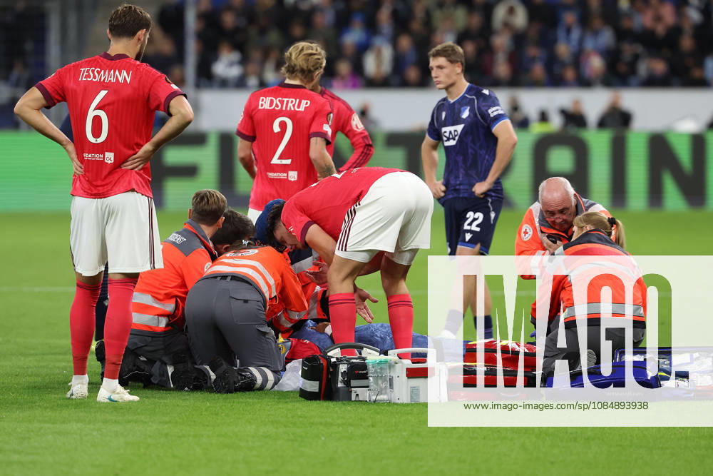 Sinsheim, Germany - Octobre 22: Steeve Kango (Olympique Lyonnais) being treated for an injury on the ground during the UEFA Europa League phase Matchday 3 2026 27 match between TSG Hoffenheim and Olympique Lyon at Rhein Neckar Arena on Octobre, 2026 in Sinsheim, Germany