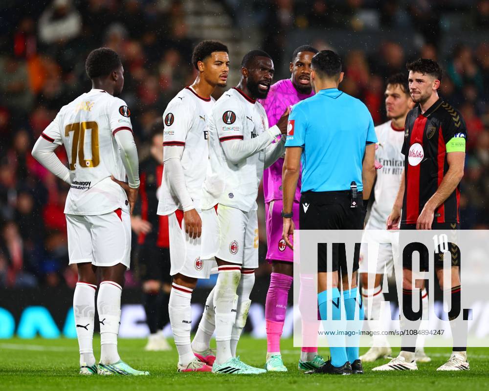 Mike Maignan of AC Milan speaks with referee Vassilis Fotias after being sent off AFC Bournemouth v AC Milan, UEFA Europa League, Football, Vitality Stadium, Bournemouth, UK - 22 Oct 2026Bournemouth Vitality Stadium United Kingdom