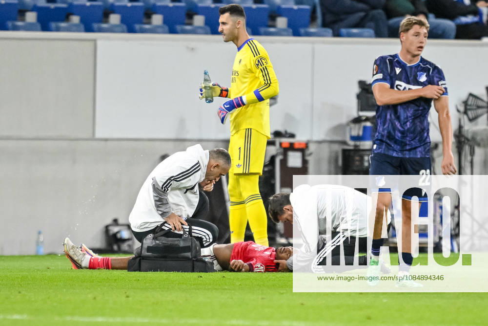Steeve Kango (Olympique Lyon) injured on the ground during the UEFA Europa League 2026 27 League Phase match between TSG 1899 Hoffenheim and Olympique Lyonnais at Rhein-Neckar-Arena on October 22, 2026 in Sinsheim, Germany. (Photo by Harry Langer DeFodi Images) -