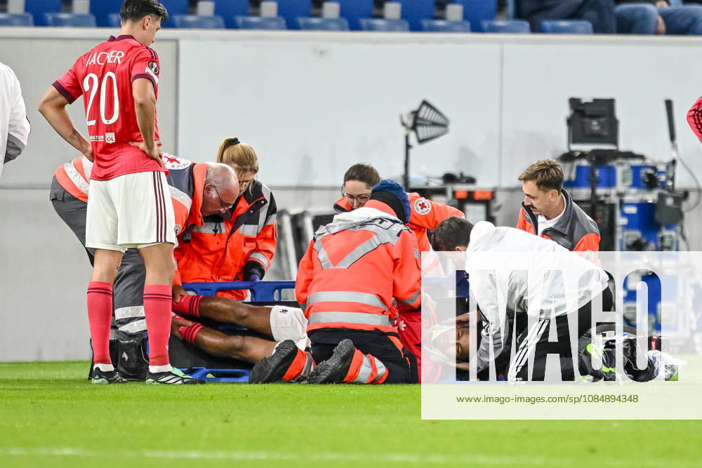 Steeve Kango (Olympique Lyon) injured on the ground during the UEFA Europa League 2026 27 League Phase match between TSG 1899 Hoffenheim and Olympique Lyonnais at Rhein-Neckar-Arena on October 22, 2026 in Sinsheim, Germany. (Photo by Harry Langer DeFodi Images) -