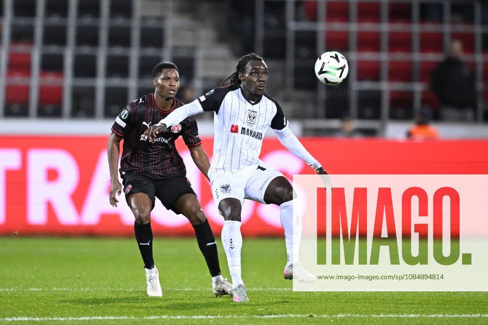FC Midtjylland v Sint-Truidense VV - UEFA Conference League HERNING, DENMARK - OCTOBER 22 : Diao Ousmane defender of Midtjylland and Soelle Soelle Frederic forward of Sint-Truidense VV during the UEFA Conference League 2026 27 League Phase matchday 2 match between FC Midtjylland and Sint-Truidense VV on October 22, 2026 in Herning, Denmark, 22 10 2026 Herning Denmark