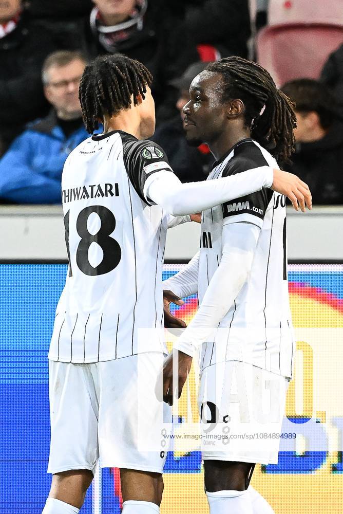 STVV s Frederic Soelle Soelle celebrates after scoring during a soccer game between Danish FC Midtjylland and Belgian Sint-Truidense VV, Thursday 22 October 2026 in Herning, Denmark, on the second day of the UEFA Conference League league phase. JILLxDELSAUX x190693074x