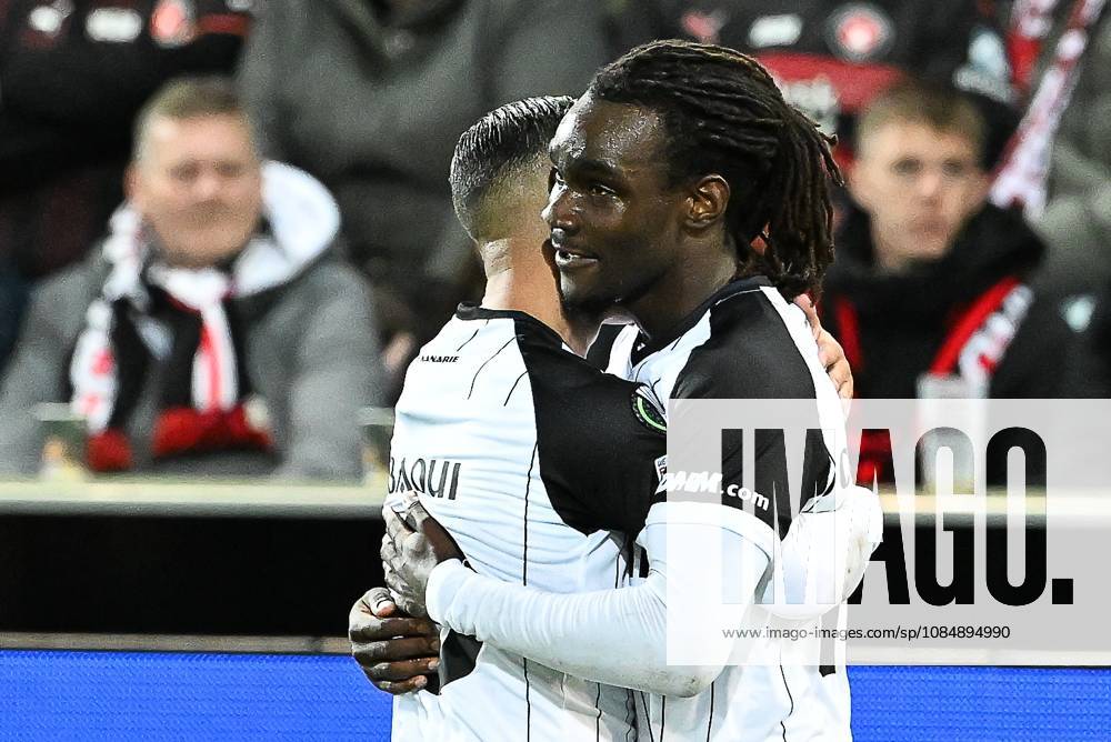 STVV s Frederic Soelle Soelle celebrates after scoring during a soccer game between Danish FC Midtjylland and Belgian Sint-Truidense VV, Thursday 22 October 2026 in Herning, Denmark, on the second day of the UEFA Conference League league phase. JILLxDELSAUX x190693082x