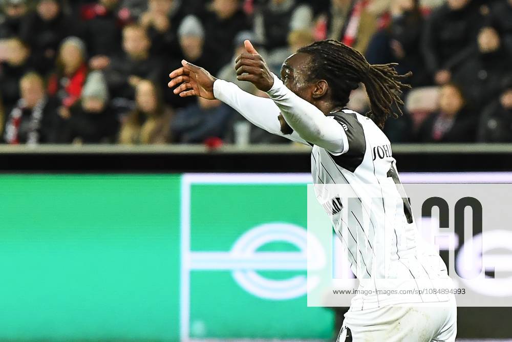 STVV s Frederic Soelle Soelle celebrates after scoring during a soccer game between Danish FC Midtjylland and Belgian Sint-Truidense VV, Thursday 22 October 2026 in Herning, Denmark, on the second day of the UEFA Conference League league phase. JILLxDELSAUX x190693093x