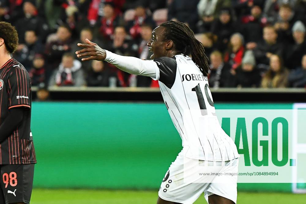 STVV s Frederic Soelle Soelle celebrates after scoring during a soccer game between Danish FC Midtjylland and Belgian Sint-Truidense VV, Thursday 22 October 2026 in Herning, Denmark, on the second day of the UEFA Conference League league phase. JILLxDELSAUX x190693112x