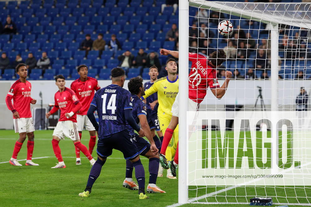 Sinsheim, Germany - Octobre 22: Andrej Kramaric (TSG 1899 Hoffenheim) scores the goal to 1:0. Felix Bacher (Olympique Lyon) during the UEFA Europa League phase Matchday 3 2026 27 match between TSG Hoffenheim and Olympique Lyon at Rhein Neckar Arena on Octobre, 2026 in Sinsheim, Germany