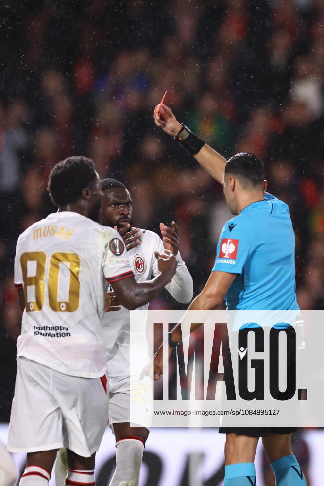Bournemouth v AC Milan 22 October 2026, Bournemouth - UEFA Europa League - Bournemouth v AC Milan - Referee Vasilis Fotias shows a red card - Photo: Jacques Feeney Offside. Bournemouth UK