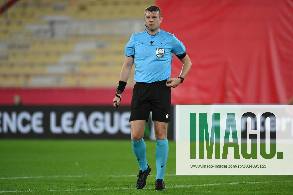 Referee Sam Barrott during the UEFA Conference League match between AS Monaco and SC Freiburg on October 22, 2026 at the Louis II Stadium in Monaco.