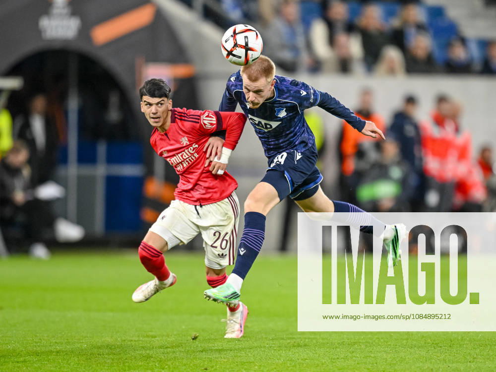 Kail Boudache (Olympique Lyon) and Mats Rots (TSG 1899 Hoffenheim) battle for the ball during the UEFA Europa League 2026 27 League Phase match between TSG 1899 Hoffenheim and Olympique Lyonnais at Rhein-Neckar-Arena on October 22, 2026 in Sinsheim, Germany. (Photo by Harry Langer DeFodi Images) -