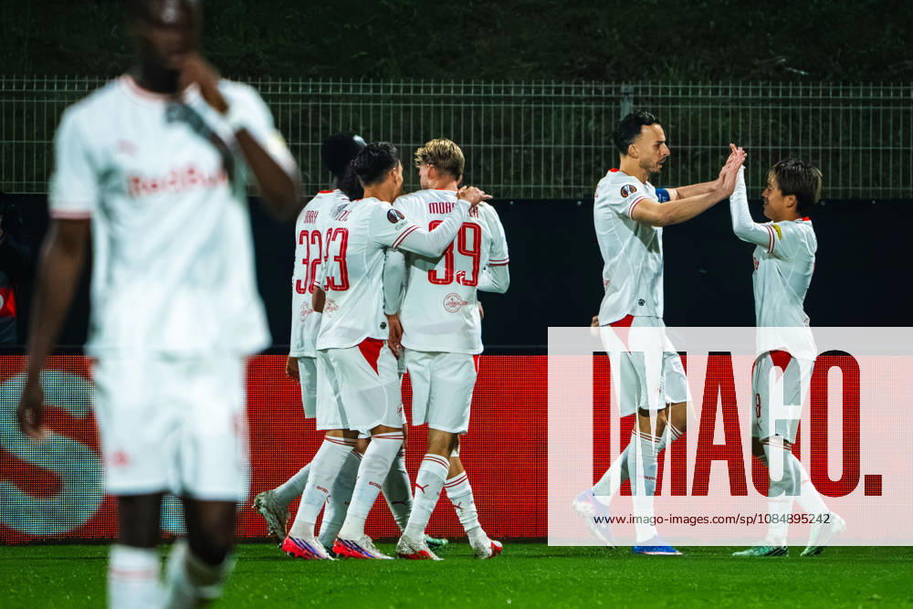 Team Salzburg celebrate score during the UEFA Europa League match between Celje (Slovenia) and Salzburg (Austria) at Stadion Celje, Celje on October 22, 2026 in Celje, Slovenia. (Photo by Andraz Corel Sports Press Photo).