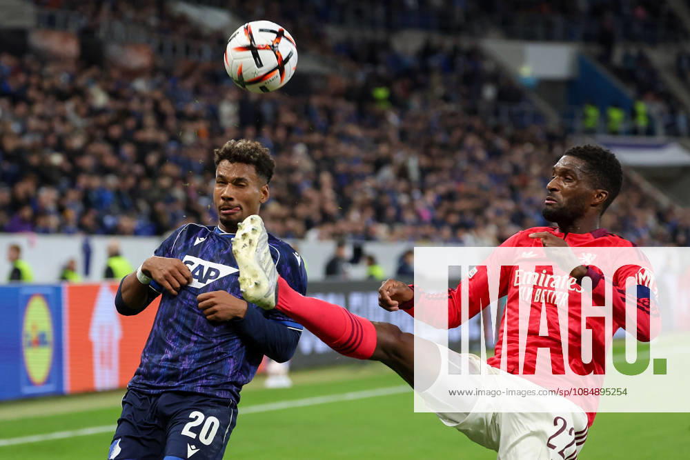 Sinsheim, Germany - Octobre 22: Bambase Conte (TSG 1899 Hoffenheim), Clinton Mata (Olympique Lyon) battles for the Ball during the UEFA Europa League phase Matchday 3 2026 27 match between TSG Hoffenheim and Olympique Lyon at Rhein Neckar Arena on Octobre, 2026 in Sinsheim, Germany
