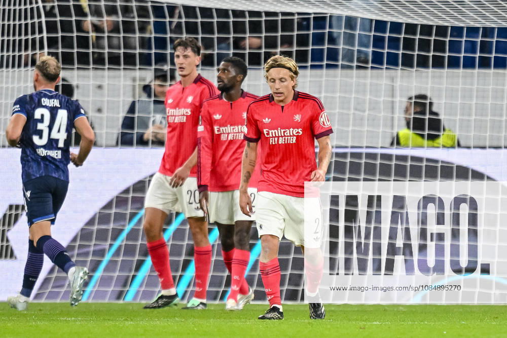 Felix Bacher (Olympique Lyon) and Mads Bidstrup (Olympique Lyon) look dejected during the UEFA Europa League 2026 27 League Phase match between TSG 1899 Hoffenheim and Olympique Lyonnais at Rhein-Neckar-Arena on October 22, 2026 in Sinsheim, Germany. (Photo by Harry Langer DeFodi Images) -