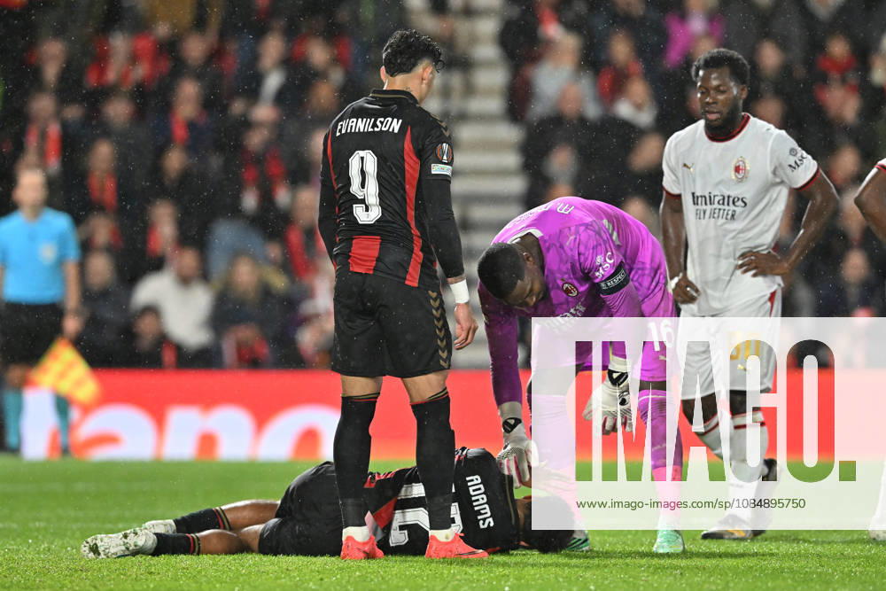 Bournemouth v AC Milan, Europa League Tyler Adams (12) of AFC Bournemouth is down injured after Mike Maignan (16) of AC Milan fouled him in the penalty area leading a sending off for the goalkeeper during the Europa League match between Bournemouth and AC Milan at the Vitality Stadium, Bournemouth, UK on 22 October 2026. Bournemouth Vitality Stadium Dorset UK Editorial use only ,