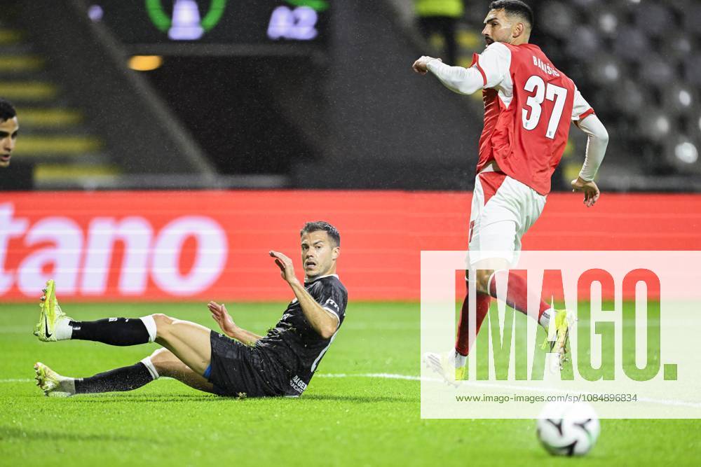 SC Braga v KAA Gent - UEFA Conference League BRAGA, PORTUGAL - OCTOBER 22 : Benes Laszlo midfielder of KAA Gent and Barisic Adrian defender of SC Braga during the UEFA Conference League 2026 27 League Phase matchday 2 match between SC Braga and KAA Gent on October 22, 2026 in Braga, Portugal, 22 10 2026 Braga Portugal