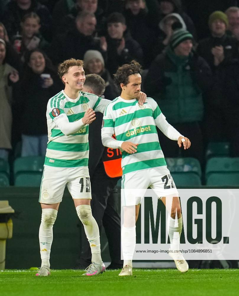Mika Baur of Celtic celebrates with team mate Callum Osmand after scoring to give Celtic a 1-0 lead Celtic v Celta Vigo, UEFA Europa League, Football, Celtic Park, Glasgow, Scotland, UK - 22 Oct 2026Glasgow Celtic Park Scotland United Kingdom
