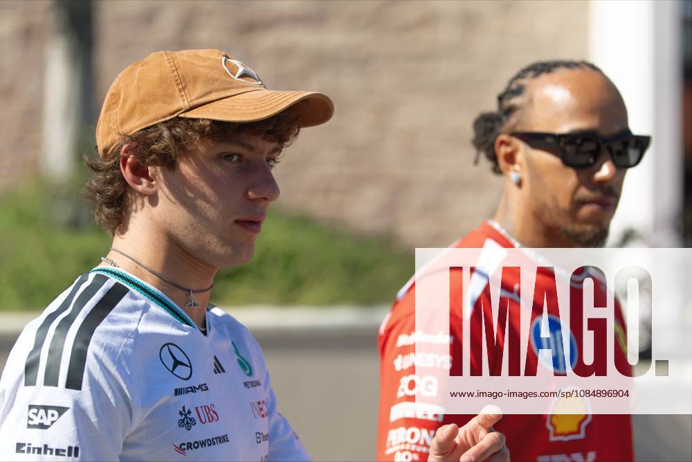 22nd October 2026; Circuit of the Americas, Austin, United States; Formula 1, United States Grand Prix, Arrival Day; Andrea Kimi Antonelli (12) of Italy and Mercedes-AMG PETRONAS Formula One Team and Lewis Hamilton (44) of Great Britain and Scuderia Ferrari HP leave the press conference, PK, Pressekonferenz BobxKupbens