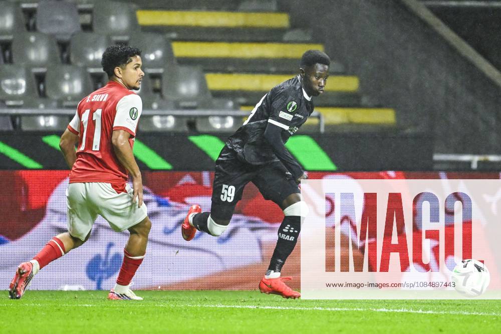 Gabriel Silva of SC Braga and El Hadji Seck of KAA Gent pictured in action during a soccer game between Portuguese SC Braga and Belgian soccer team KAA Gent, Thursday 22 October 2026 in Braga, Portugal, the second match in the UEFA Conference League league phase. TOM GOYVAERTS TomxGoyvaerts x190698591x