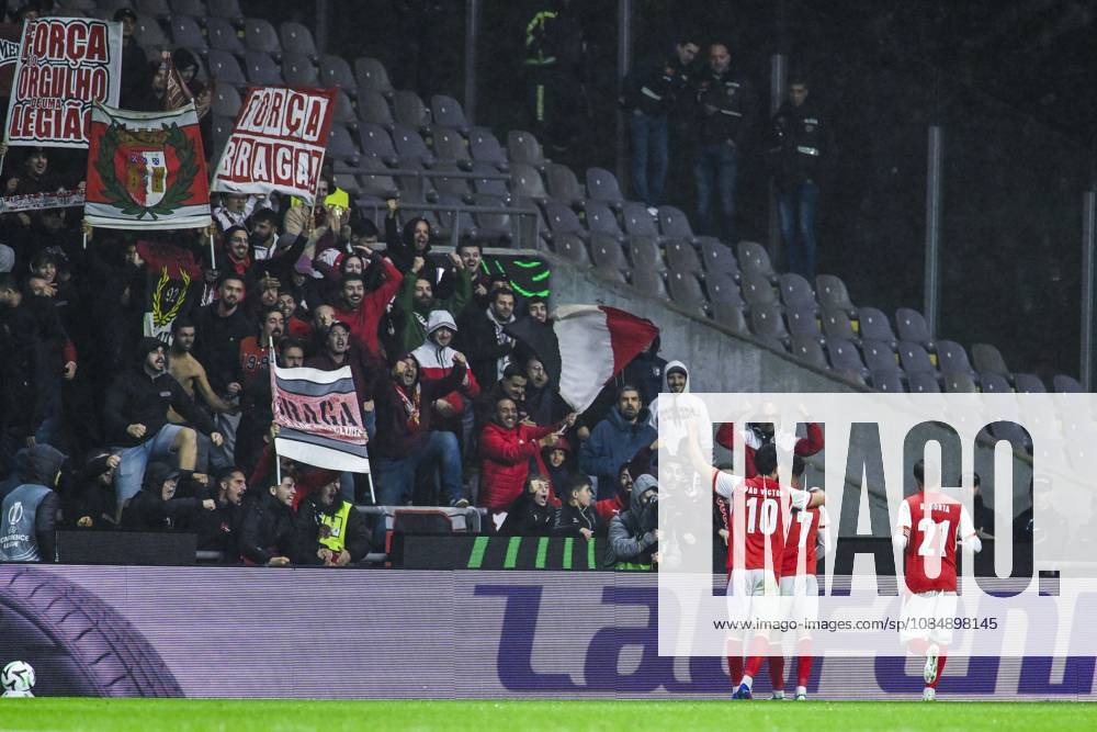 Gabriel Martinez Aguilera of SC Braga celebrates after scoring during a soccer game between Portuguese SC Braga and Belgian soccer team KAA Gent, Thursday 22 October 2026 in Braga, Portugal, the second match in the UEFA Conference League league phase. TOM GOYVAERTS TomxGoyvaerts x190699186x