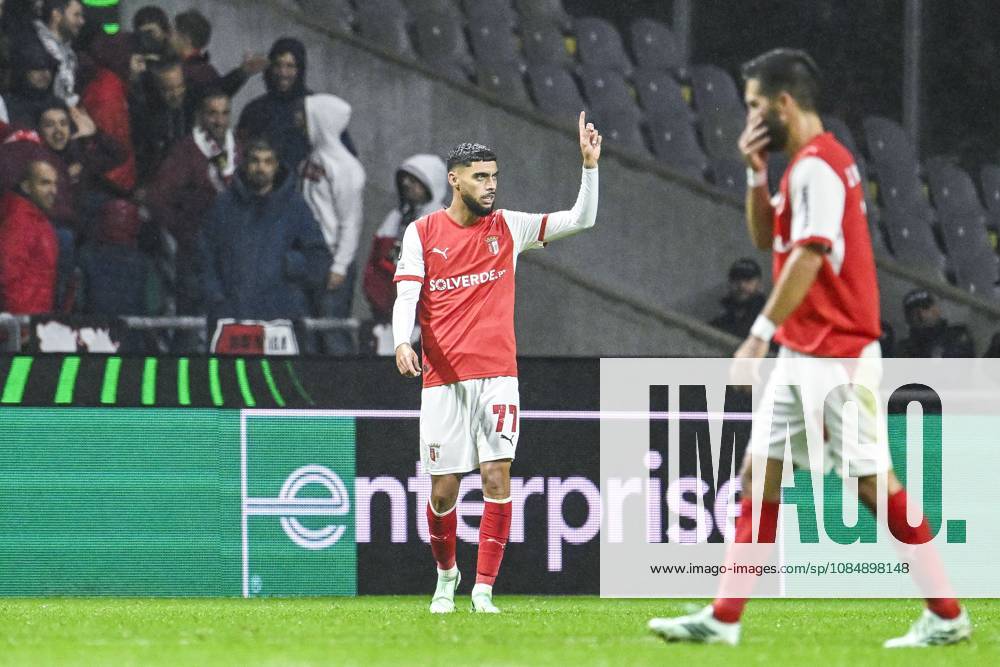 Gabriel Martinez Aguilera of SC Braga celebrates after scoring during a soccer game between Portuguese SC Braga and Belgian soccer team KAA Gent, Thursday 22 October 2026 in Braga, Portugal, the second match in the UEFA Conference League league phase. TOM GOYVAERTS TomxGoyvaerts x190699258x