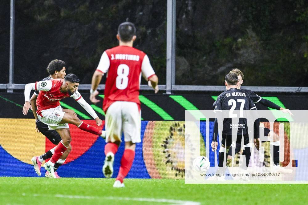 Kyrell Wilson of KAA Gent, Gabriel Martinez Aguilera of SC Braga and Tibe De Vlieger of KAA Gent pictured in action during a soccer game between Portuguese SC Braga and Belgian soccer team KAA Gent, Thursday 22 October 2026 in Braga, Portugal, the second match in the UEFA Conference League league phase. TOM GOYVAERTS TomxGoyvaerts x190700370x