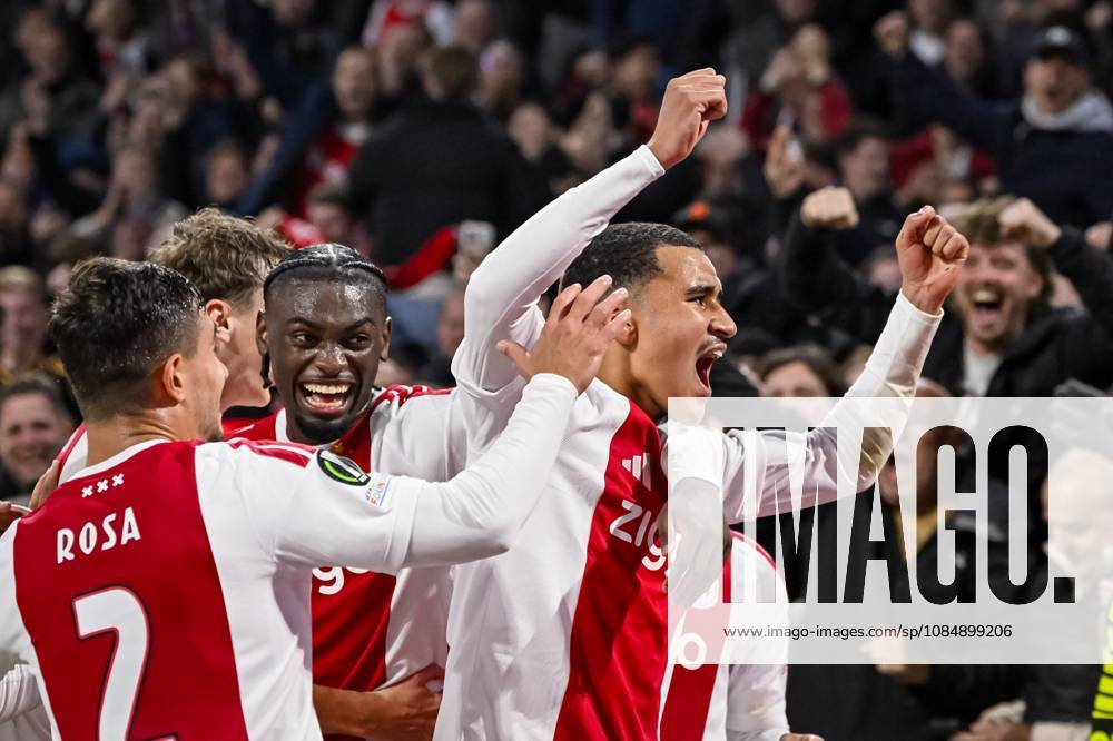 AMSTERDAM - (lr) Lucas Rosa of Ajax, Jorthy Mokio of Ajax and Abdellah Ouazane of Ajax celebrate the 2-0 during the UEFA Conference League match between AFC Ajax and Atalanta BC at the Johan Cruijff ArenA on October 22, 2026 in Amsterdam, the Netherlands. OLAF KRAAK ANP UEFA Conference League 2026 27 ANPxSportx IVx 573306266 originalFilename: 573306266