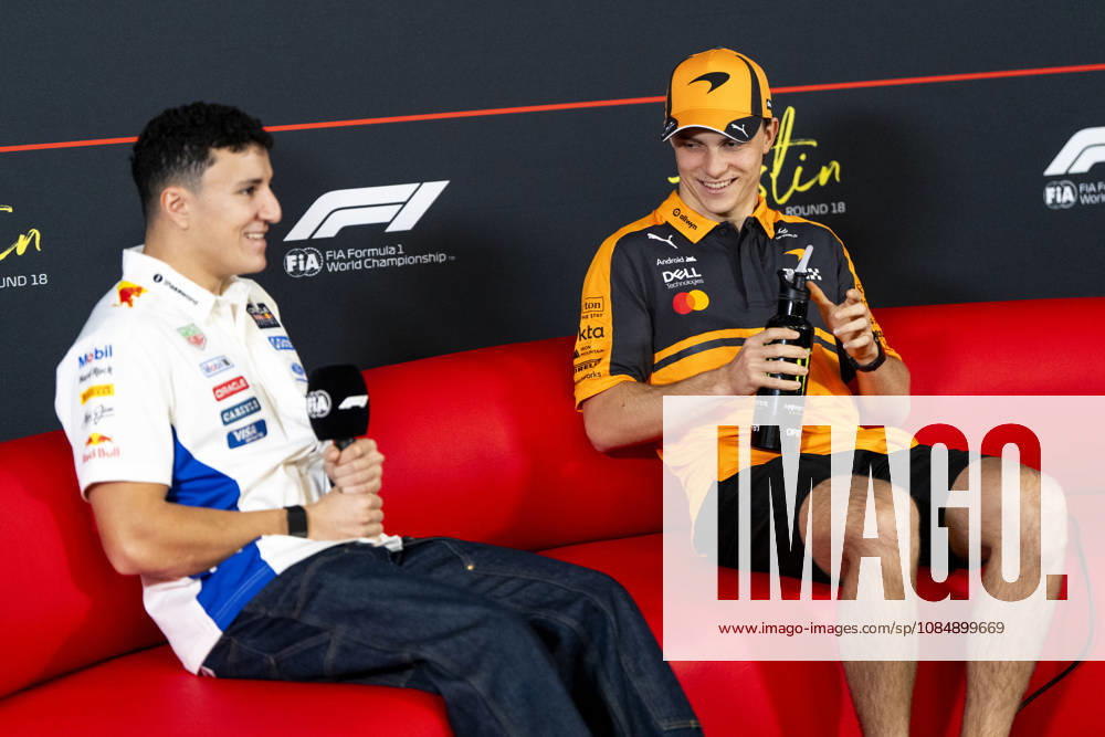 French Formula One driver Isack Hadjar of Red Bull Racing speaks with Australian Formula One driver Oscar Piastri of McLaren F1 Team before a press conference, PK, Pressekonferenz prior to the Formula One United States Grand Prix at the Circuit of the Americas in Austin, Texas on Thursday, October 22, 2026. AUS2026102219 GREGxNASH