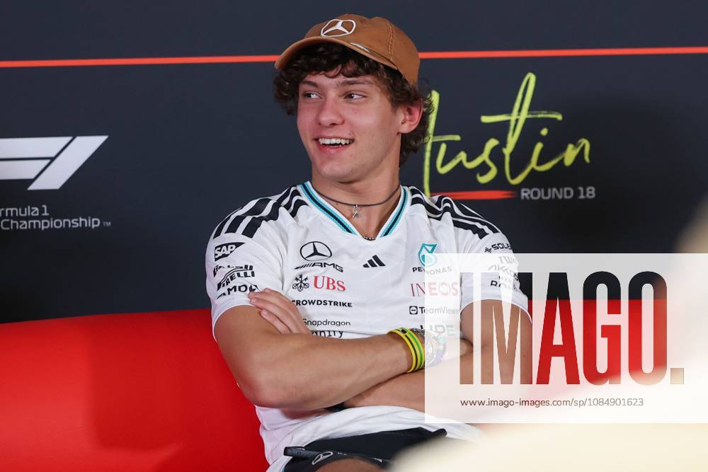 22nd October 2026; Circuit of the Americas, Austin, United States; Formula 1, United States Grand Prix, Arrivals Day; Andrea Kimi Antonelli (12) of Italy and Mercedes-AMG PETRONAS Formula One Team smiles during an interview VincentxCuono