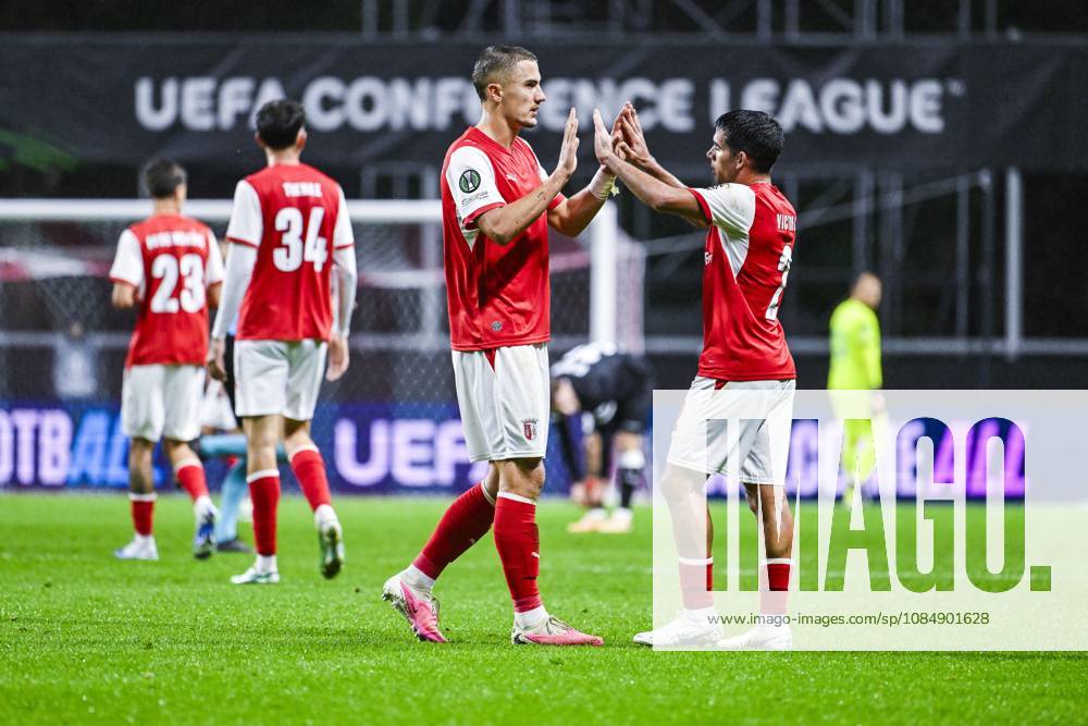 Gustaf Lagerbielke of SC Braga and Victor Gomez of SC Braga celebrate after winning a soccer game between Portuguese SC Braga and Belgian soccer team KAA Gent, Thursday 22 October 2026 in Braga, Portugal, the second match in the UEFA Conference League league phase. TOM GOYVAERTS TomxGoyvaerts x190703127x