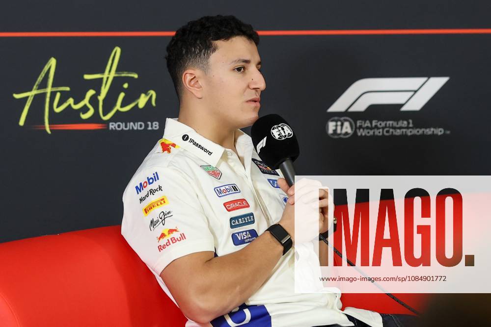 22nd October 2026; Circuit of the Americas, Austin, United States; Formula 1, United States Grand Prix, Arrivals Day; Isack Hadjar (6) of France and Oracle Red Bull Racing during an interview VincentxCuono