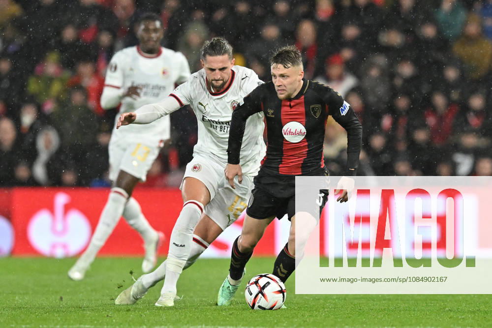 Bournemouth v AC Milan, Europa League Adrien Truffert (3) of AFC Bournemouth on the attack battles for possession with Adrien Rabiot (12) of AC Milan during the Europa League match between Bournemouth and AC Milan at the Vitality Stadium, Bournemouth, UK on 22 October 2026. Bournemouth Vitality Stadium Dorset UK Editorial use only ,