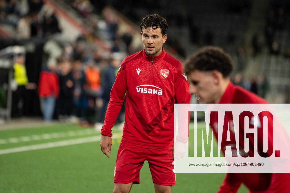 THUN, BERN - OCTOBER 22: Lucien Dähler of FC Thun warms up before the UEFA Conference League match between FC Thun and HNK Hajduk Split at VISANA STADION on October 22, 2026 in Thun, Bern, Switzerland.