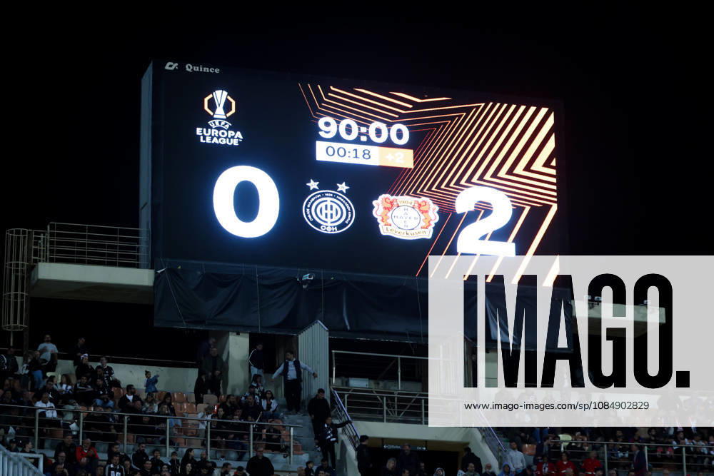 UEFA Europa League - OFI Crete vs Leverkusen - The final score on the matrix at the end of the UEFA Europa League phase Matchday 3 soccer match between OFI Crete vs Leverkusen in Pankritio, Heraklion, Greece, on 22 October 2026. IMAGO ONE INCH PRODUCTIONS Heraklion Greece
