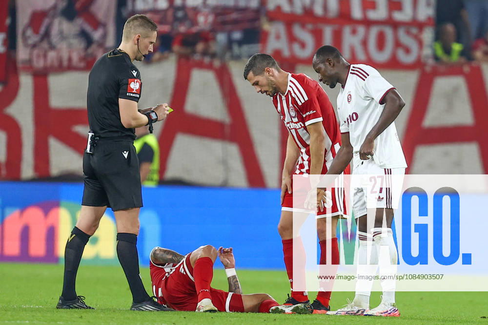 Olympiacos F.C. v AC Sparta Prague UEFA Europa League Remo Freuler looks on Chiquinho of Olympiacos F.C. who s injured following a tackle from Ebrima Singhateh of AC Sparta Prague during the UEFA Europa League match at Karaiskakis Stadium, Piraeus 22 10 2026 UK Newspapers OUT
