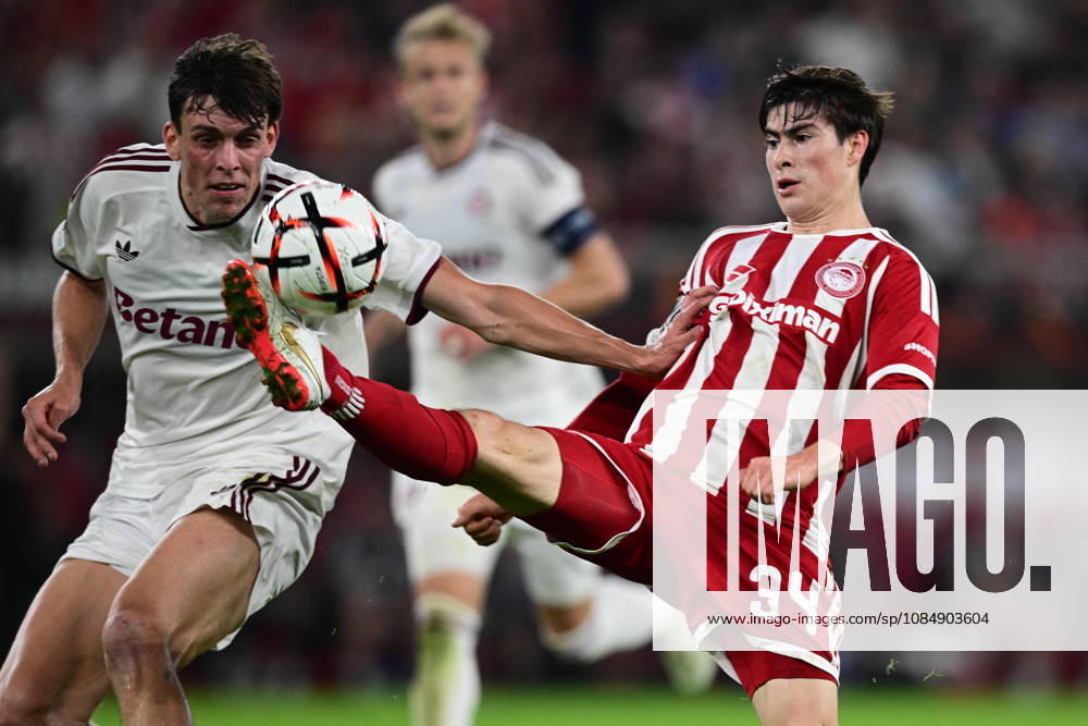 UEFA Europa League - Olympiacos FC vs AC Sparta Praha - Armando Gonzalez of Olympiacos FC in action against Tobias Guddal of AC Sparta Praha during the UEFA Europa League Phase matchday 3 soccer match between Olympiacos FC and AC Sparta Praha at the Georgios Karaiskakis Stadium in Piraeus, Greece, 22 October 2026. IMAGO ONE INCH PRODUCTIONS PIRAEUS GREECE