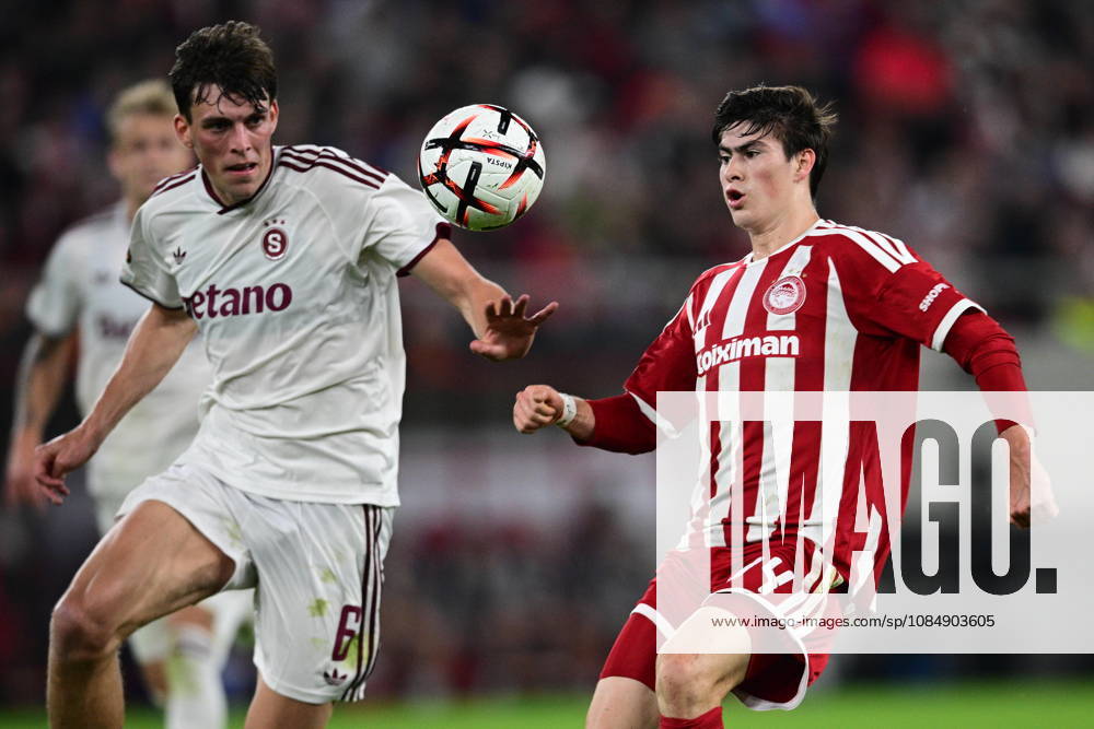 UEFA Europa League - Olympiacos FC vs AC Sparta Praha - Armando Gonzalez of Olympiacos FC in action against Tobias Guddal of AC Sparta Praha during the UEFA Europa League Phase matchday 3 soccer match between Olympiacos FC and AC Sparta Praha at the Georgios Karaiskakis Stadium in Piraeus, Greece, 22 October 2026. IMAGO ONE INCH PRODUCTIONS PIRAEUS GREECE