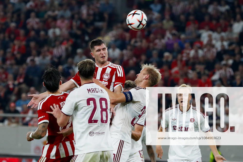 Olympiacos F.C. v AC Sparta Prague UEFA Europa League Lorenzo Pirola of Olympiacos F.C. heads the ball during the UEFA Europa League match at Karaiskakis Stadium, Piraeus 22 10 2026 UK Newspapers OUT